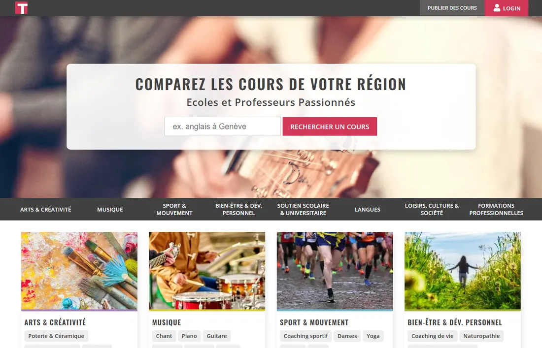Page d'accueil du site de Trouver-un-cours.ch — annuaire de cours (Suisse)